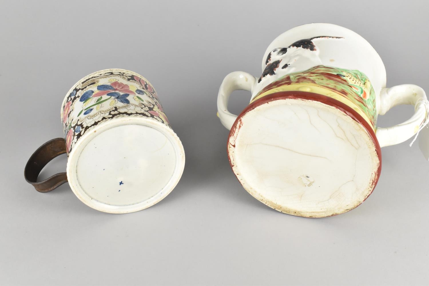 A 19th Century Pearlware Transfer Printed Surprise Mug with Replacement Metal Handle, 10cms High, - Image 3 of 3