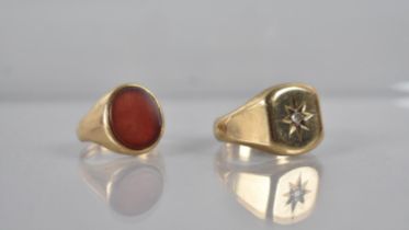 Two 9ct Gold Signet Rings, Carnelian Example Size I.5, and Diamond Mounted Example Size T, 15.2gms