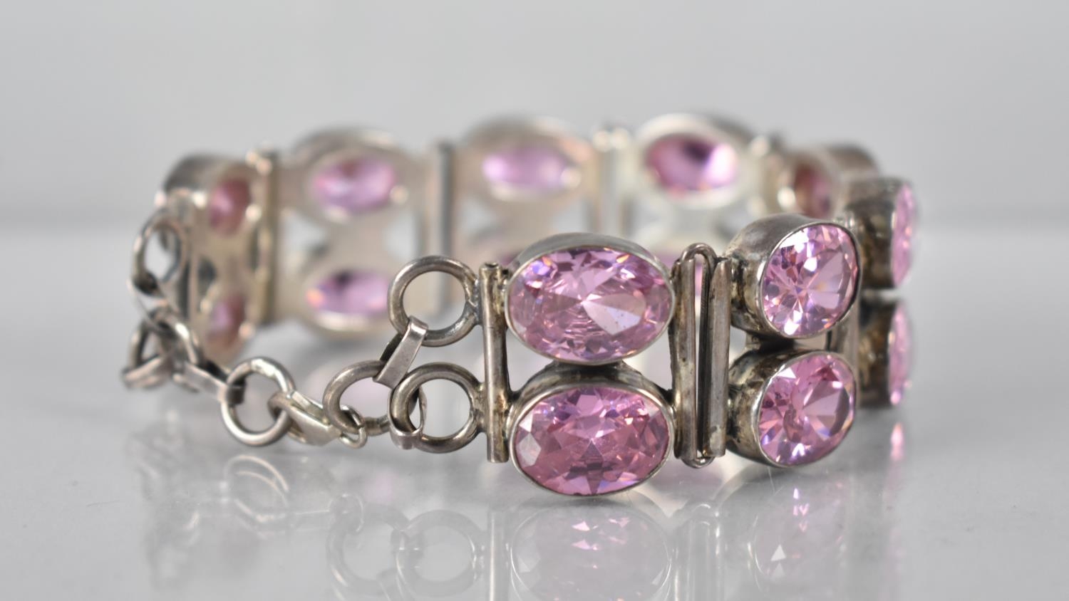 A Large and Heavy Silver and Jewelled Bracelet, Two Rows of Oval Mixed Cut Stones, 74.6gms