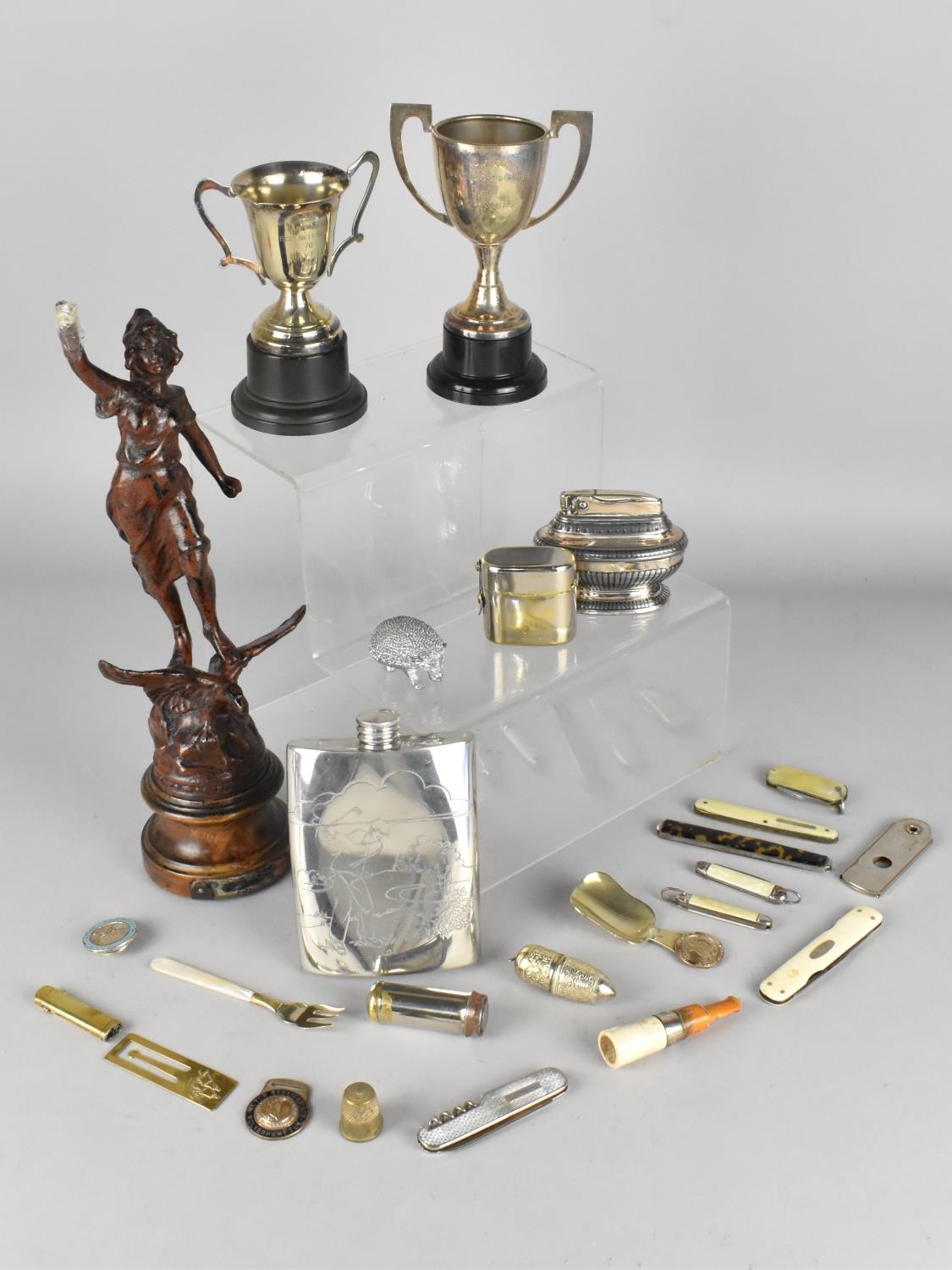 A Collection of Various Sundries to Comprise French Bronzed Figure (AF), Silver Plated Trophies,
