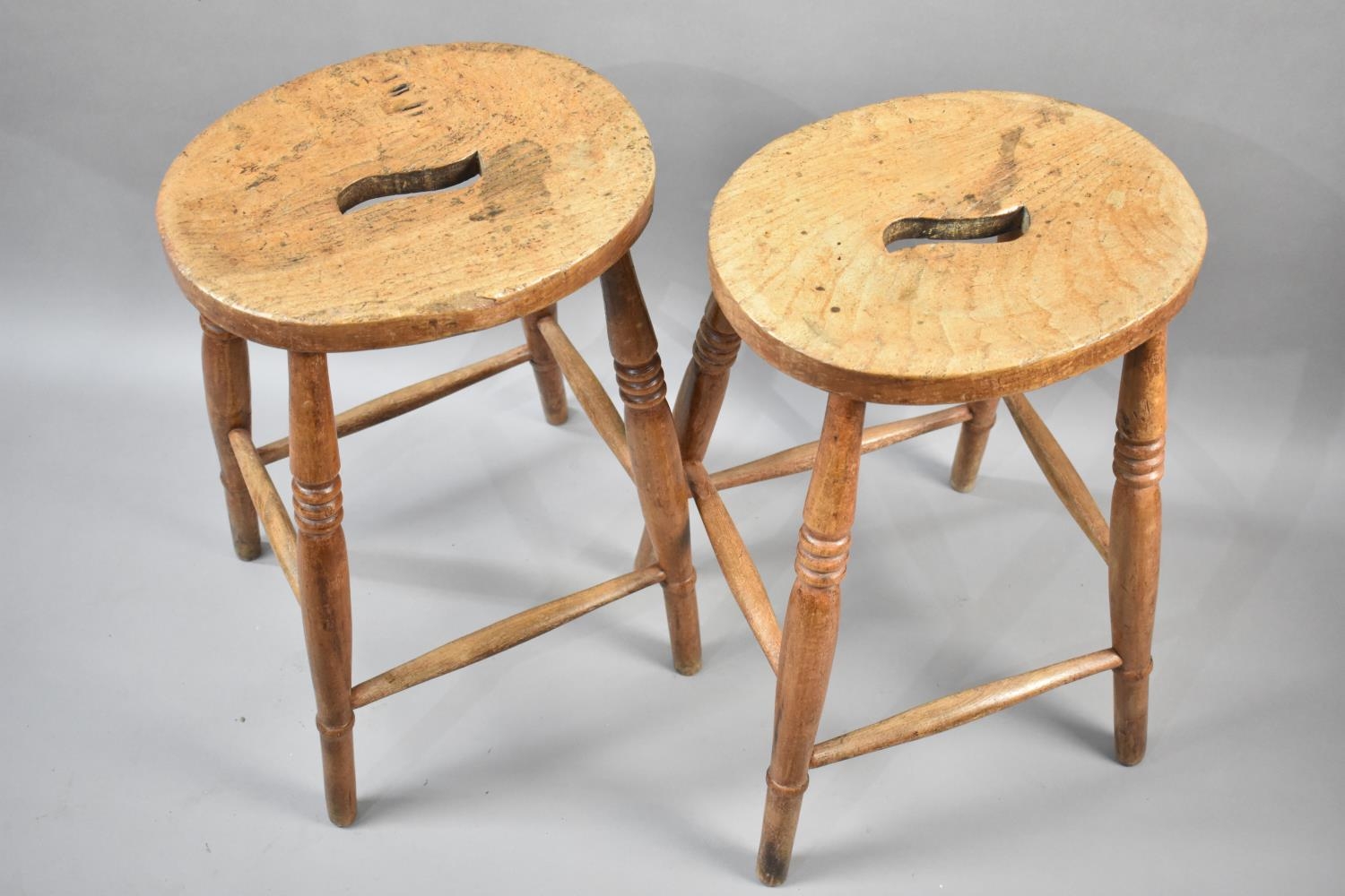 A Pair of Vintage Stools on Turned Tapering Supports with Box Stretcher and Oval Top with Central - Image 2 of 2