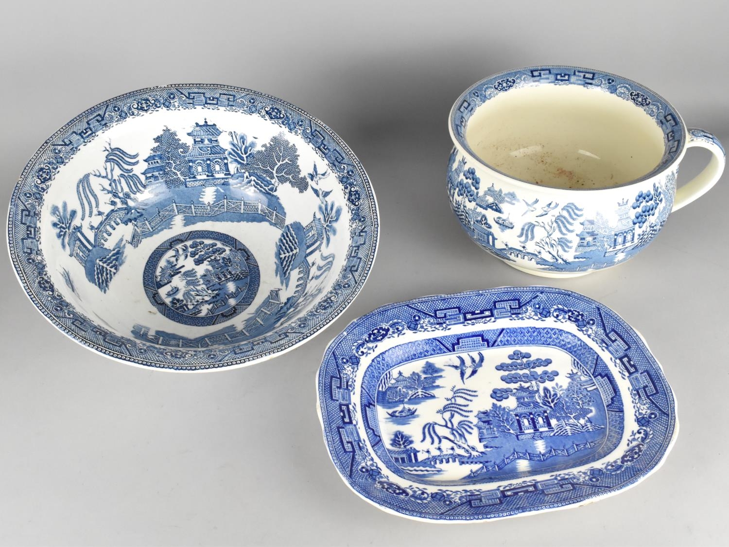 Three Pieces of Transfer Printed Blue and White to Comprise Wedgwood Willow Pattern Toilet Bowl,