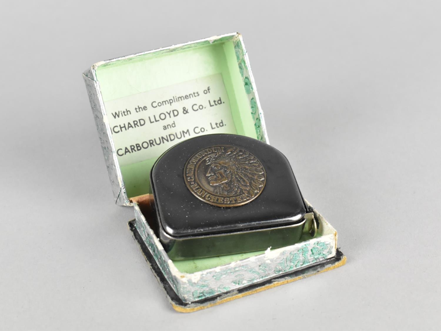 A Vintage Advertising Tape Measure by Rabone for Carborundum Co. Ltd, Manchester with Box - Image 2 of 2