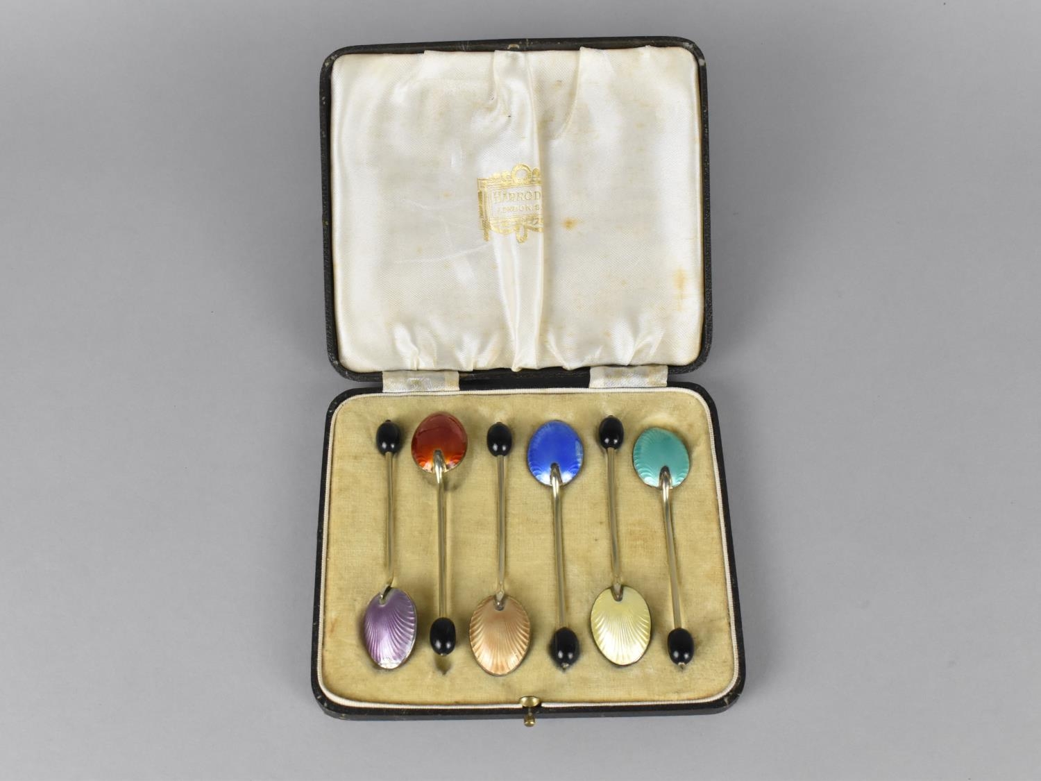 A Cased Set of Six Silver Plate and Enamelled Coffee Bean Spoons in Fitted Case for Harrods of - Image 2 of 2