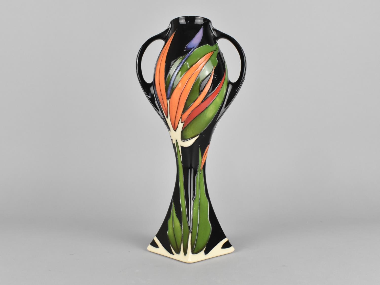 A Moorcroft Twin Handled Vase, Paradise Found Pattern on Back Ground, 2015, 26cm high
