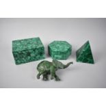 A Rectangular Malachite Box, 12cms Wide, Together with a Further Hexagonal Example, a Malachite