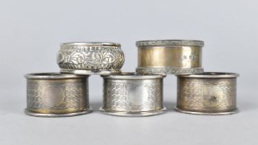 Five Various Silver Napkin Rings, Various Makers and Hallmarks, 82g