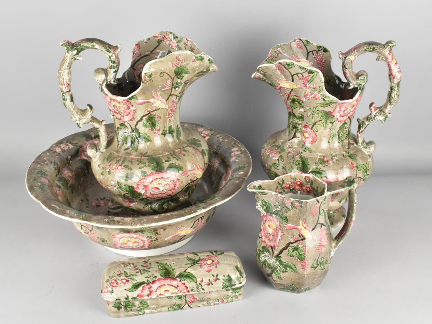 Five Pieces of Spode's New Fayence Pattern to Comprise Two Large Jug, Smaller Example, Soap Dish and