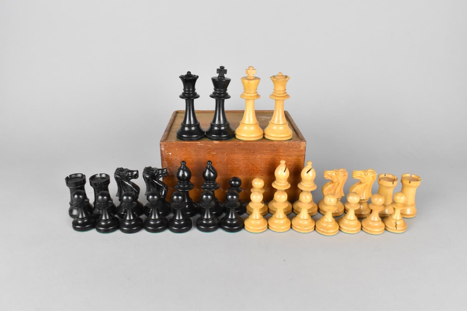 A Mid 20th Century Chess Set in Box, Complete, the Kings Measuring 9cm High