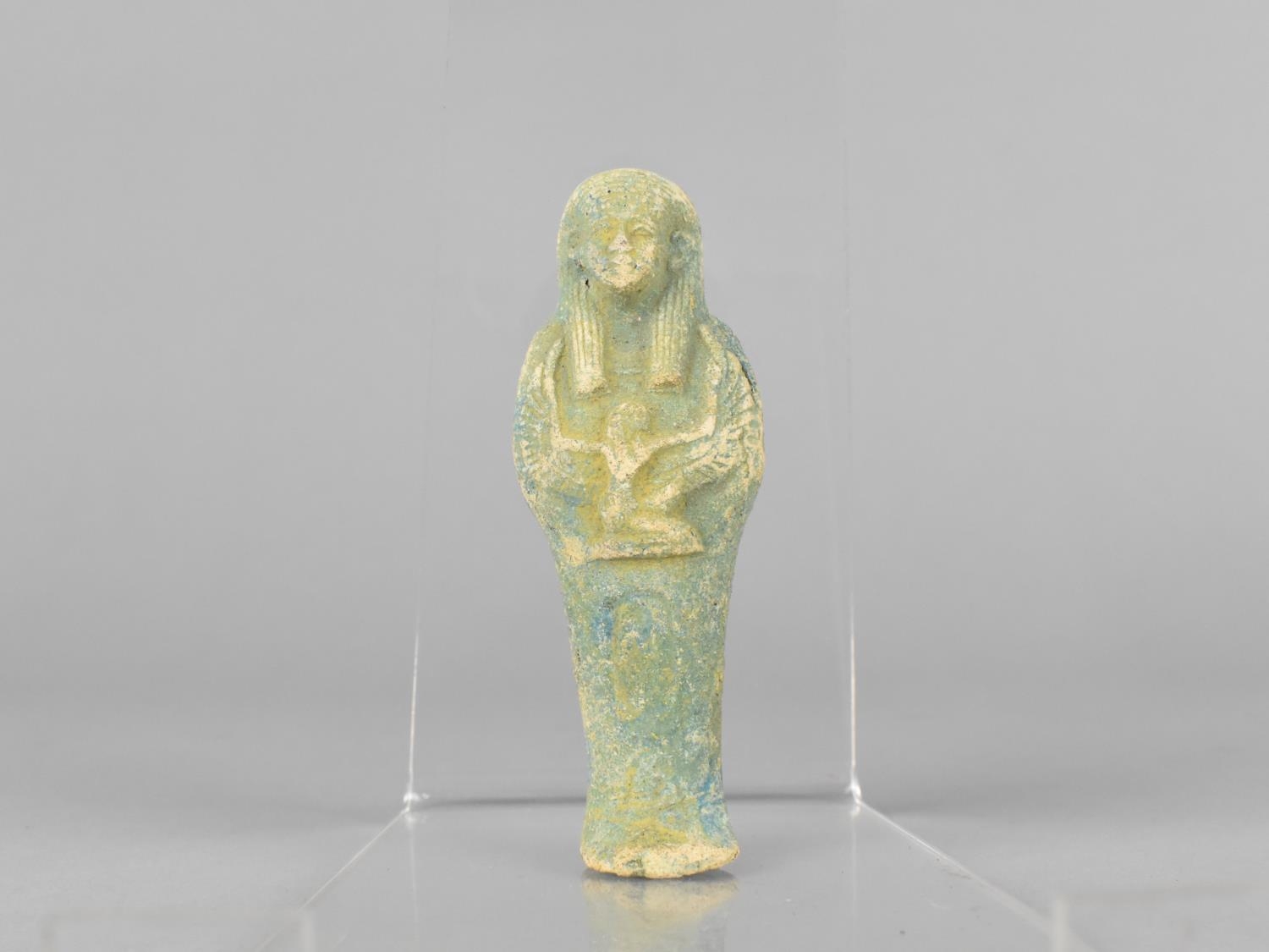 An Egyptian Blue Glazed Faience Ushabti Figure in Typical Mummified Form, 9cms High