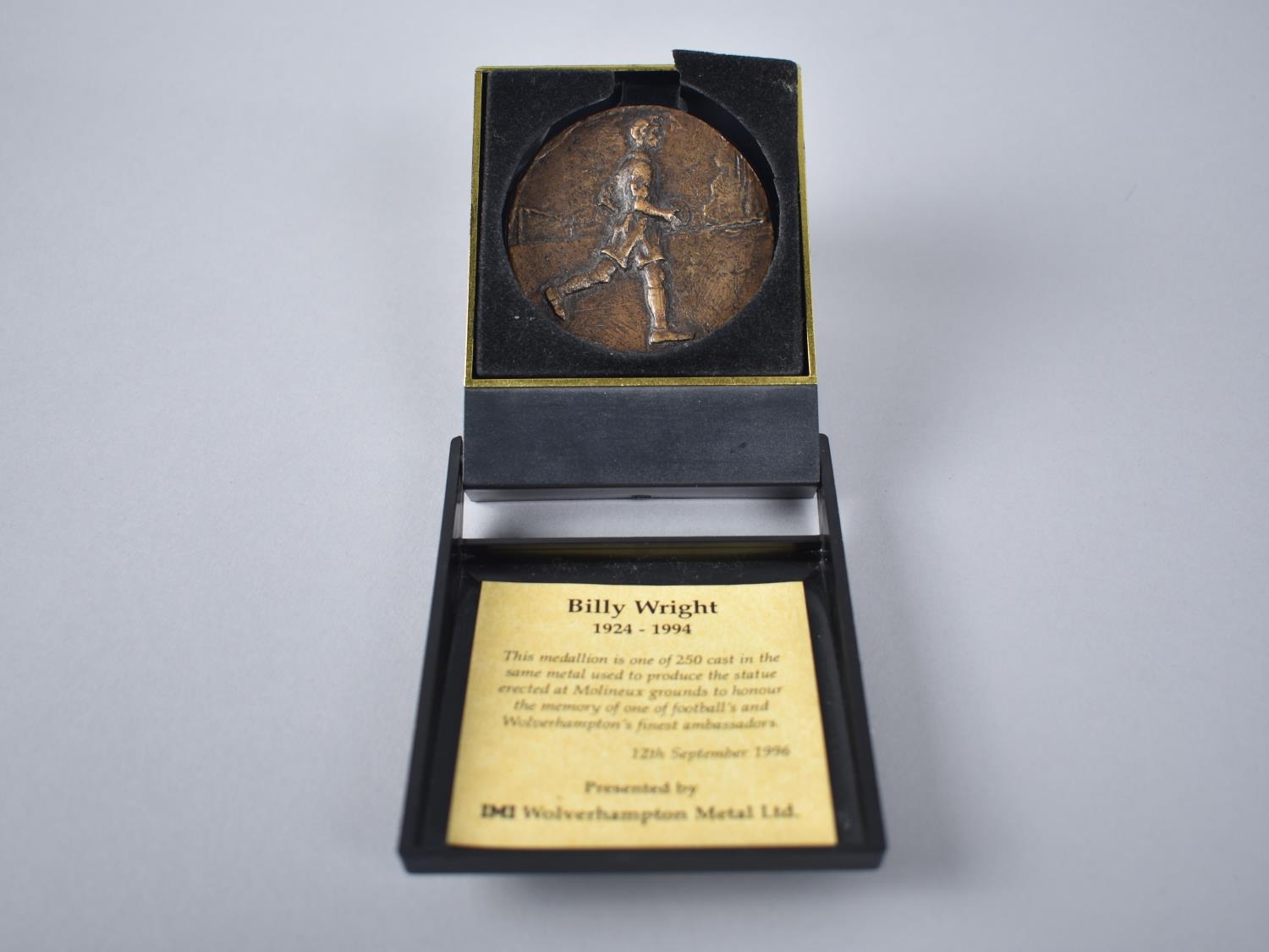 A Cast Bronze Medallion, Billy Wright 1924-1994, Limited Edition of 250 Castings, Presented by IMI - Image 2 of 3