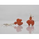 A Pair of Native American Red Jasper, Carnelian and Silver Earrings, Drops in the Form of a Bears,