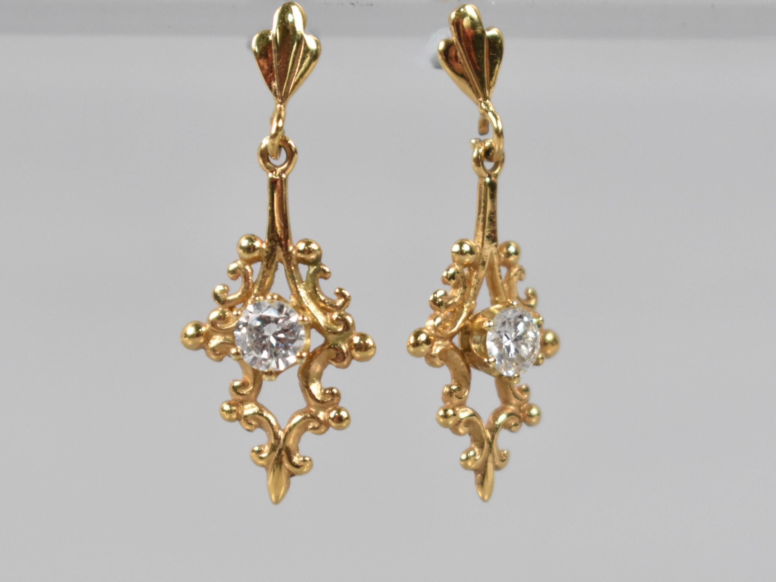 A Pair of Diamond Mounted 9ct Gold Drop Earrings, Central Round Cut Stone Measuring 4.1mm Diameter - Image 2 of 3