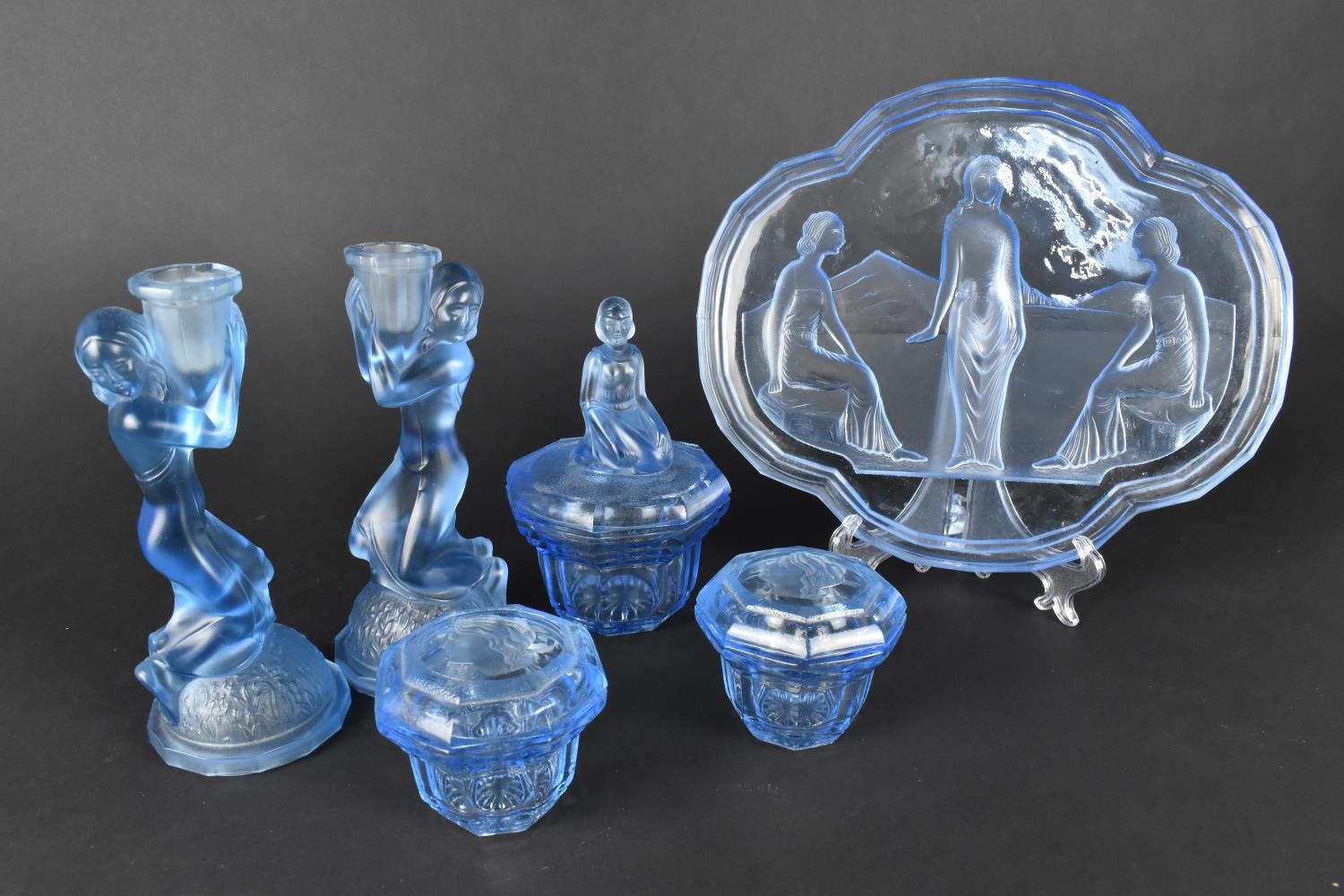 An Art Deco Frosted Blue Glass "Nymphen" Dressing Table Set in the Manner of Walther & Sohne to