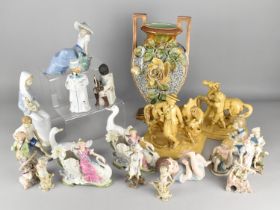 A Collection of Various Continental Ceramics to Comprise Majolica Encrusted Twin Handled Vase,