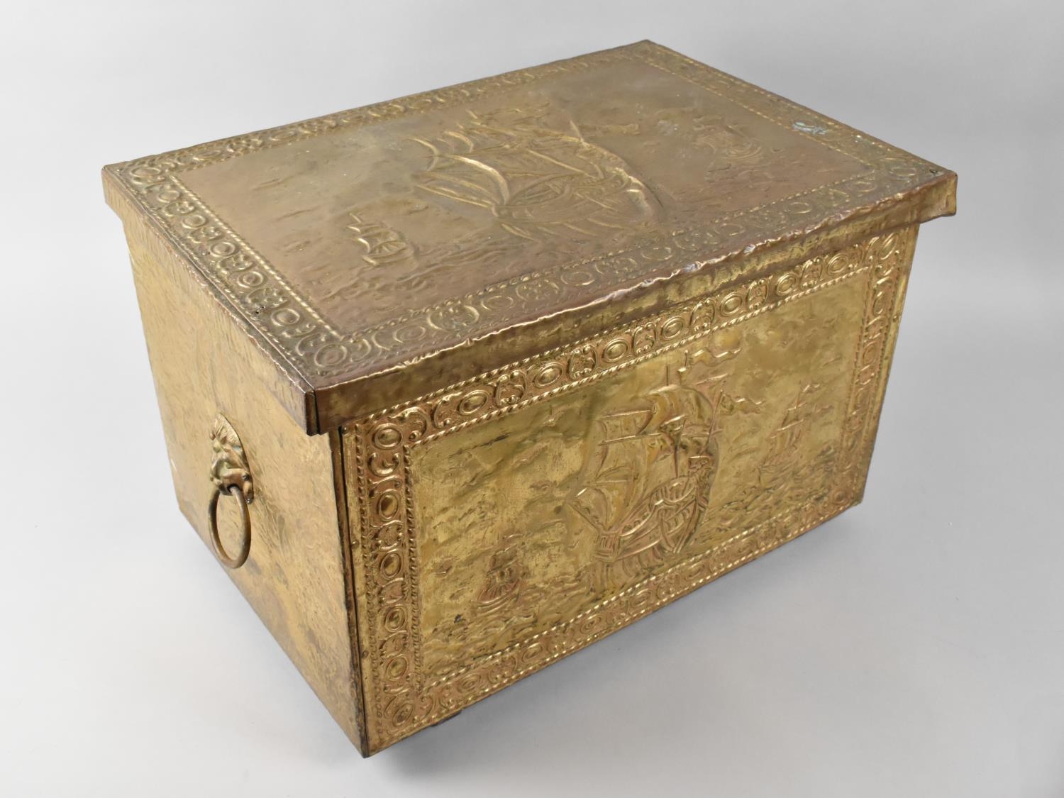 A Mid/Late 20th Century Hand Beaten Brass Coal Box with Galleon Decoration, 40cms Wide