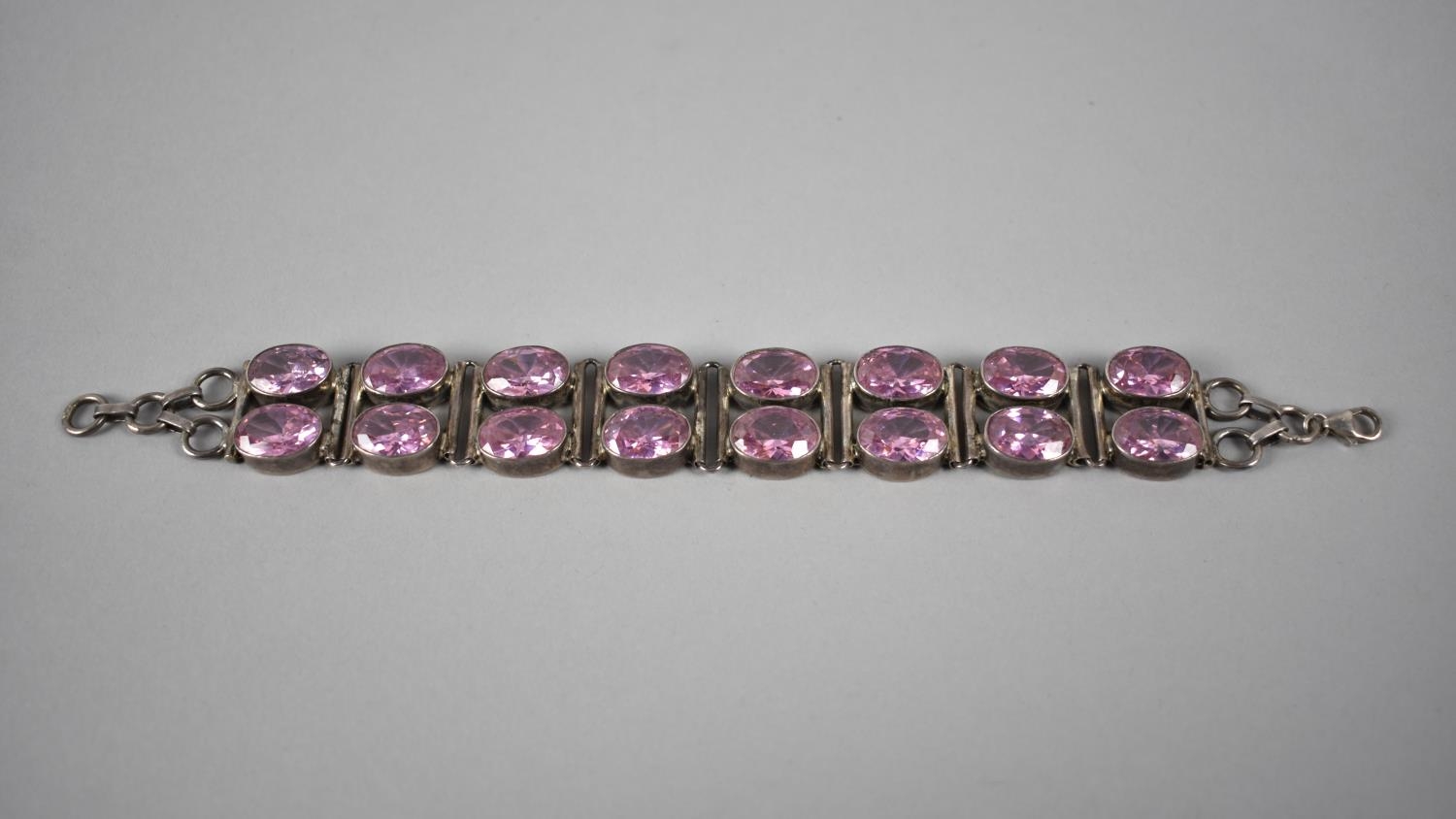 A Large and Heavy Silver and Jewelled Bracelet, Two Rows of Oval Mixed Cut Stones, 74.6gms - Image 3 of 3