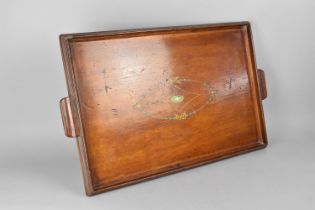 A Large Edwardian Galleried Mahogany Tray with Painted Top, 72cms Wide
