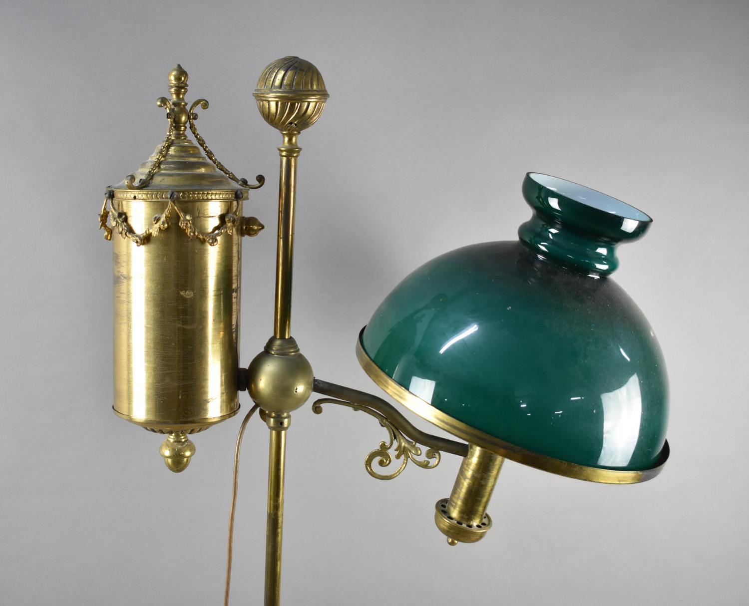 A Late 19th/Early 20th Brass Century Rise and Fall Oil Lamp Stand with Opaque Green Glass Shade, - Image 2 of 2