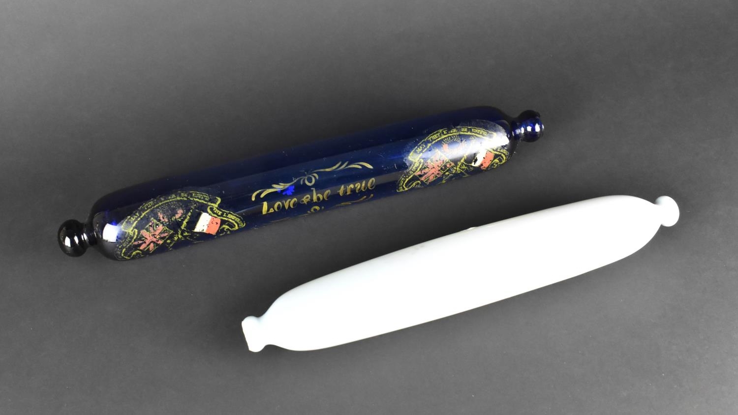 Two Ornamental Victorian Glass Rolling Pins, One Inscribed with French and British Flags, "May - Image 2 of 2
