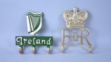 Two Reproduction Wall Hanging Metal Coat Hooks, Queen Elizabeth and Ireland, 18cms Wide Plus VAT
