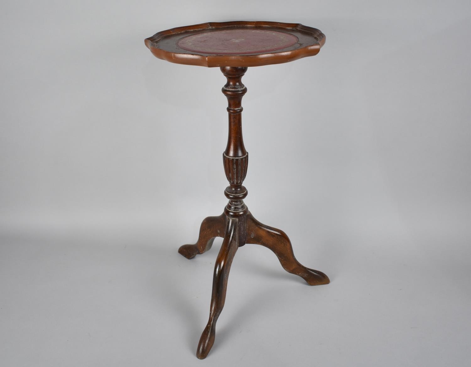 A Modern Mahogany Tripod Wine Table with Tooled Leather Insert, 29cms Diameter