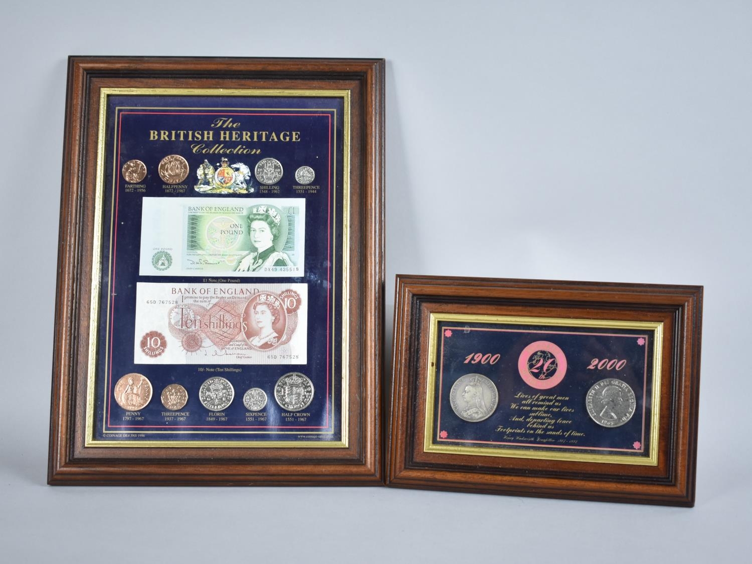 A Framed Pair of Crowns for 1900 and 2000 together with a Framed British Heritage Coin and