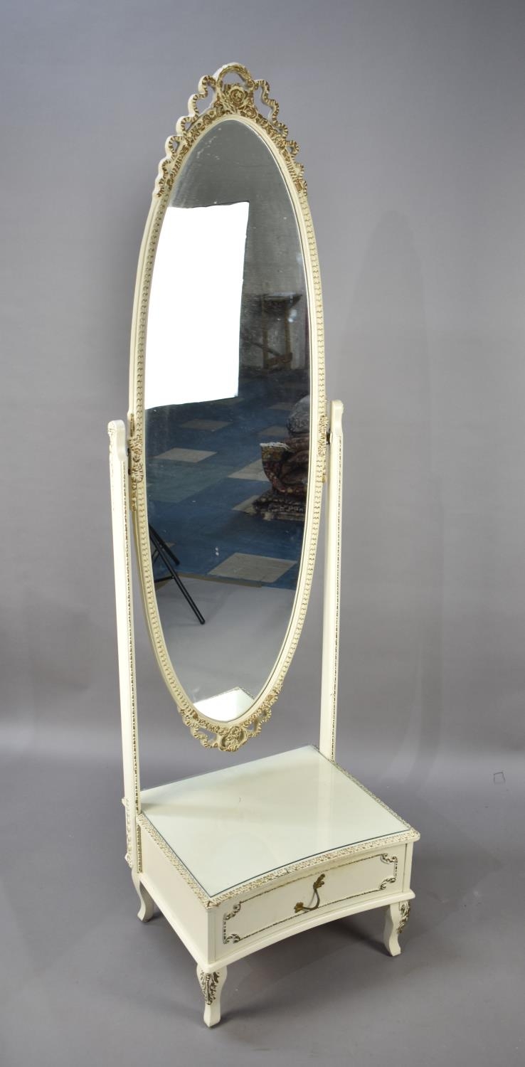 A Mid 20th Century Cream and Gilt Cheval Dressing Mirror with Base Drawer
