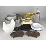 A Collection of Vintage and Later Kitchenwares to Comprise Jam Pan, Pan Scales and Weights,