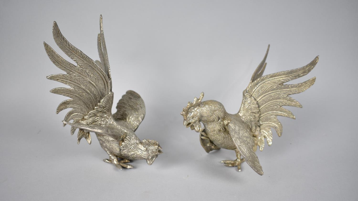 A Pair of Mid 20th Century Silver Plated Fighting Cocks, Tallest 18cms High