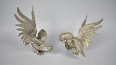 A Pair of Mid 20th Century Silver Plated Fighting Cocks, Tallest 18cms High