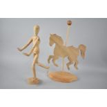 A Modern Treen Artist's Lay Figure and a Fret Cut Horse Stand, 33cms High