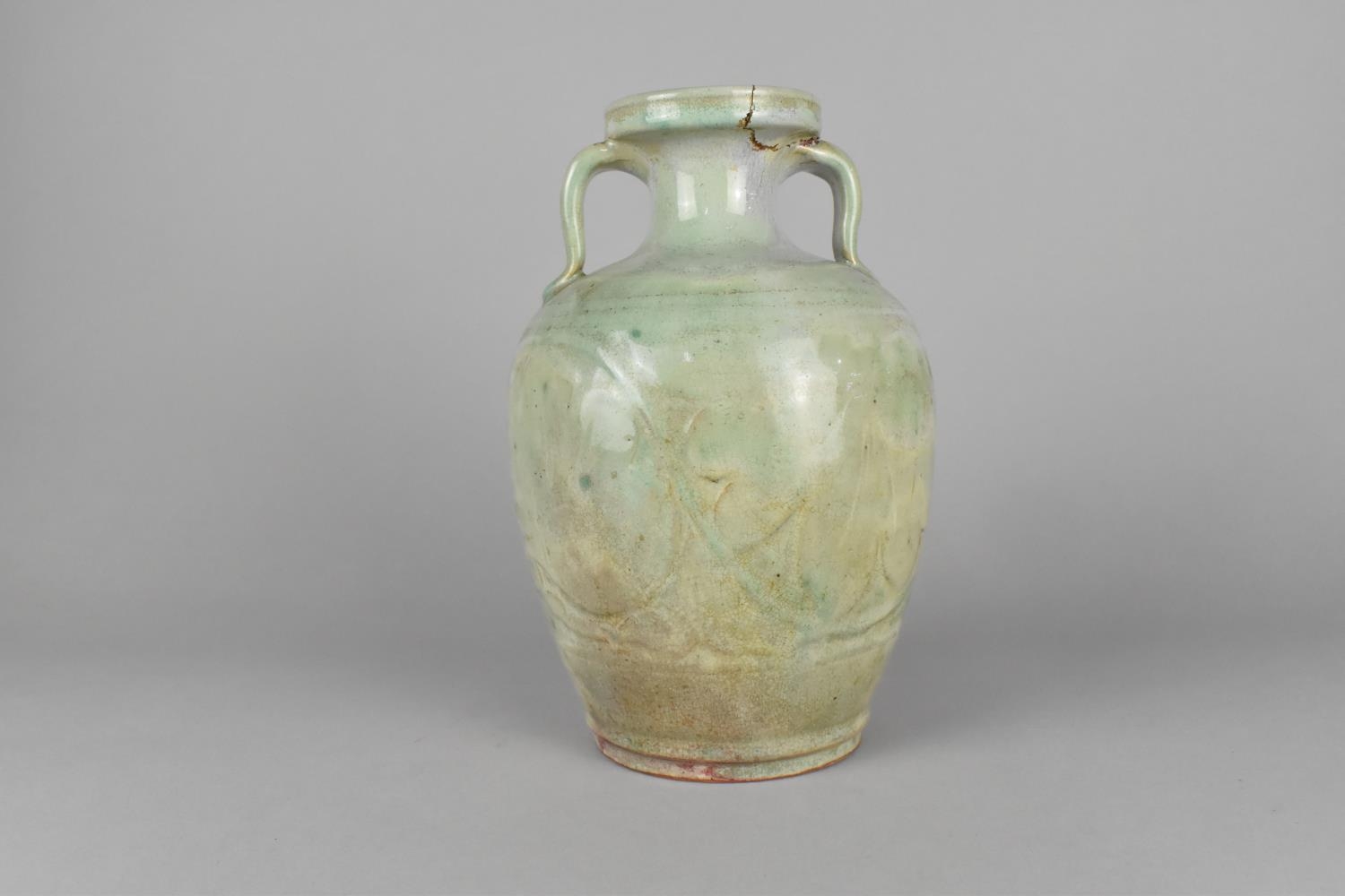 A Chinese Ming/Qing Dynasty Jun Ware Glazed Twin Handled Vase Body Decorated in Shallow Relief Lotus - Image 2 of 2