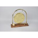 A Mid 20th Century Brass Table Top Dinner Gong with Engraved Tall Ship Decoration, 28cms High