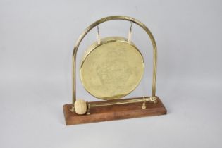 A Mid 20th Century Brass Table Top Dinner Gong with Engraved Tall Ship Decoration, 28cms High