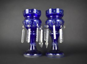 A Pair of Blue Overlaid Glass Lustres, with Droppers, 36cms High, Some Lustres with Condition Issues
