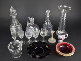A Collection of Various 19th and Early 20th Century Glass to Comprise Wrythen Ewer, Decanters, Vase,