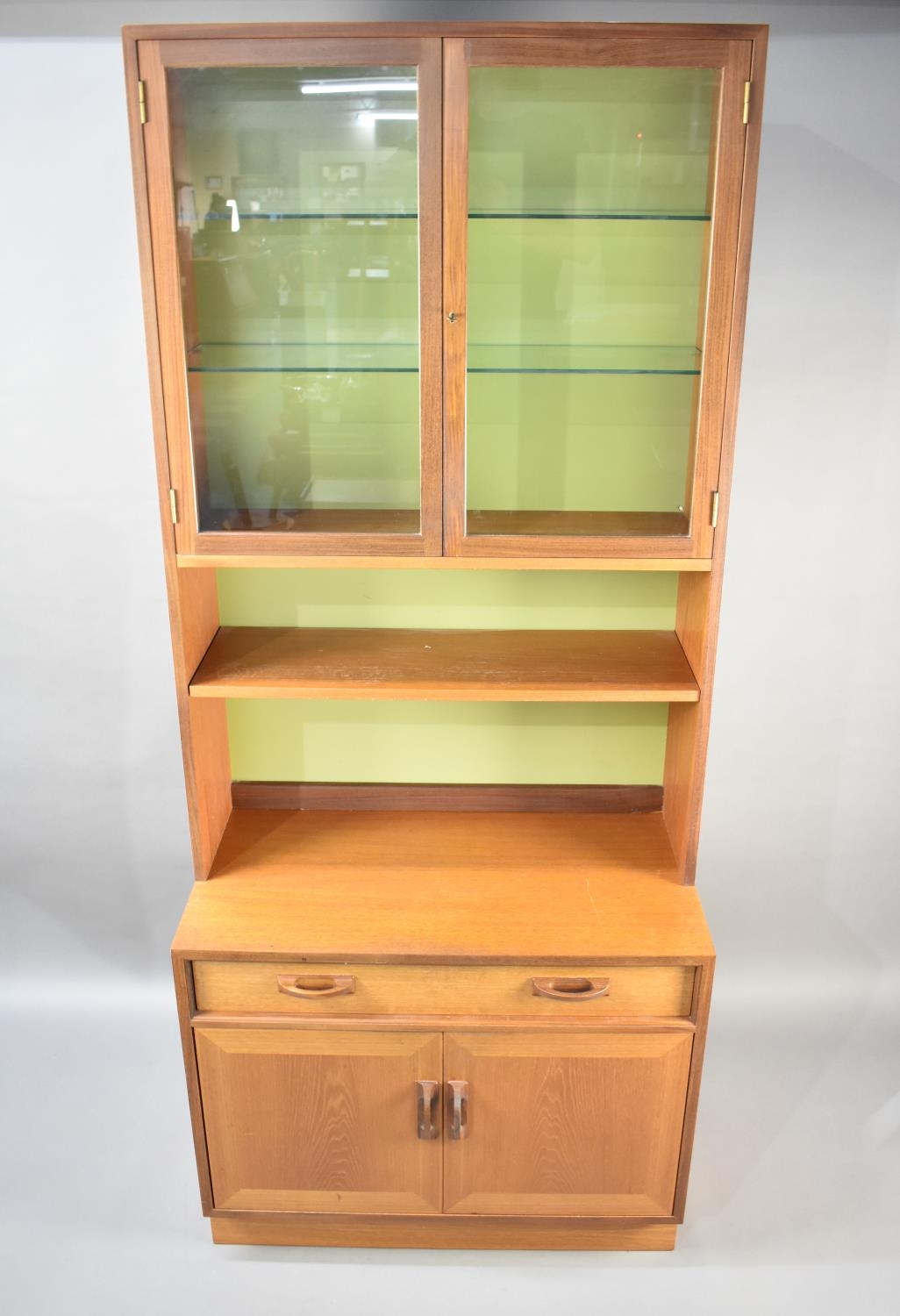 A G-Plan Display Cabinet, The Base with Long Drawer over Cupboard, Open Shelf Over and Glazed