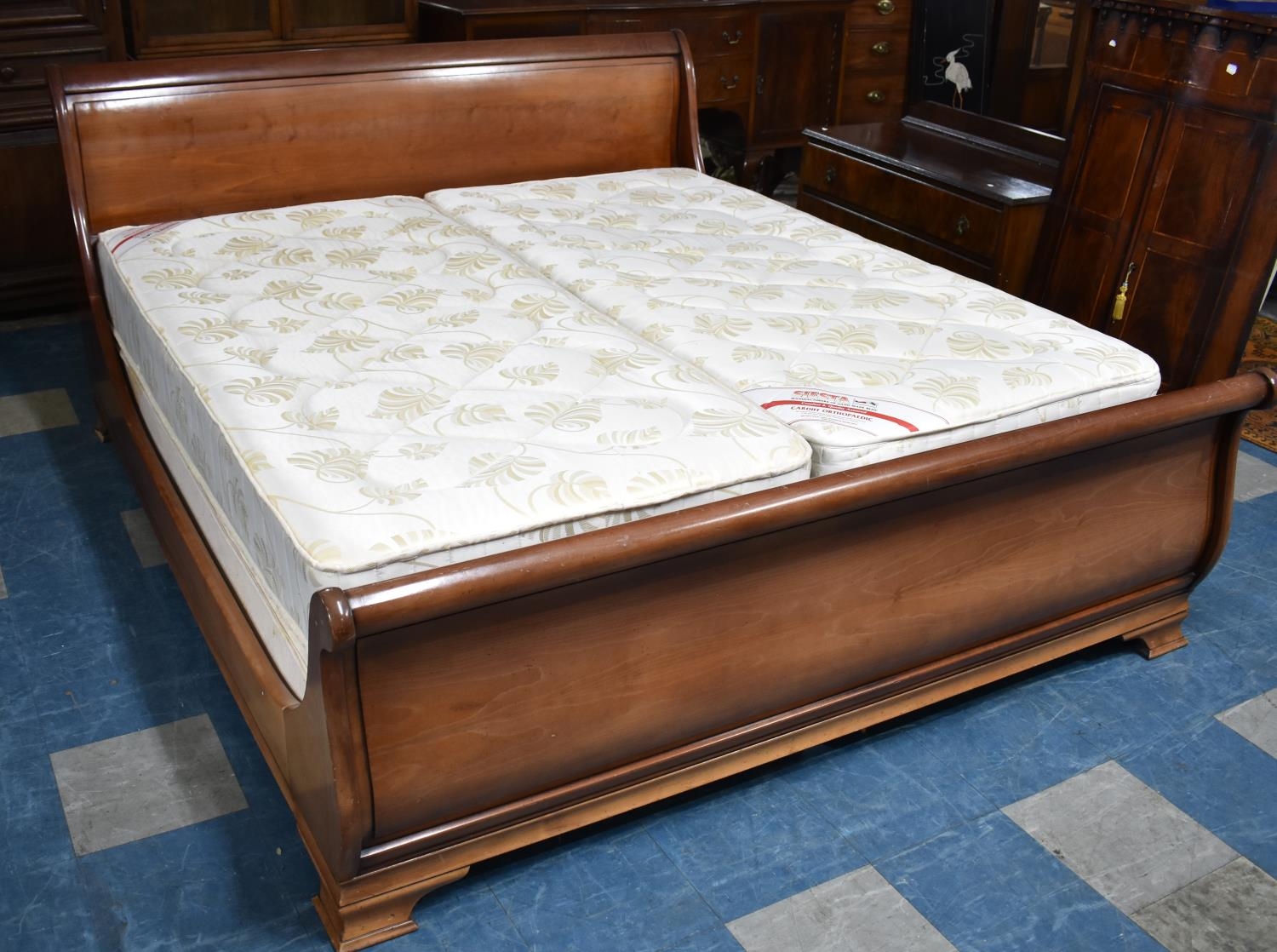 A Modern French Mahogany Sleigh Bed, California King Size for 72" Mattress but Currently having