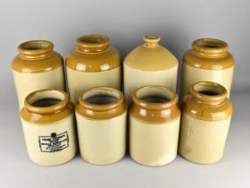 Seven Various Glazed Stoneware Jars Together with a Glazed Ink Bottle, Tallest 32cm high (Various
