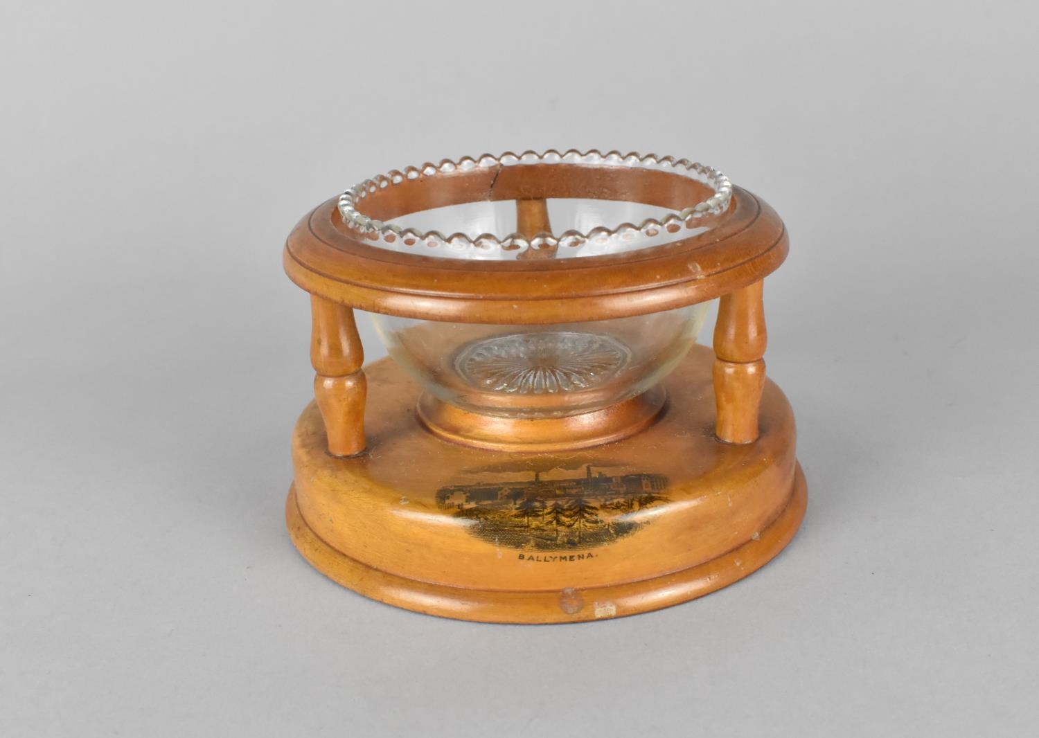 A Treen Mauchline Ware Circular Stand with Glass Bowl, Inscribed for Ballymena, Split to Top Ring, - Image 3 of 3