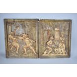 A Pair of French Plaster Relief Wall Hangings Depicting Card Game and Sword Fight, 44x52cms,