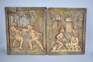 A Pair of French Plaster Relief Wall Hangings Depicting Card Game and Sword Fight, 44x52cms,