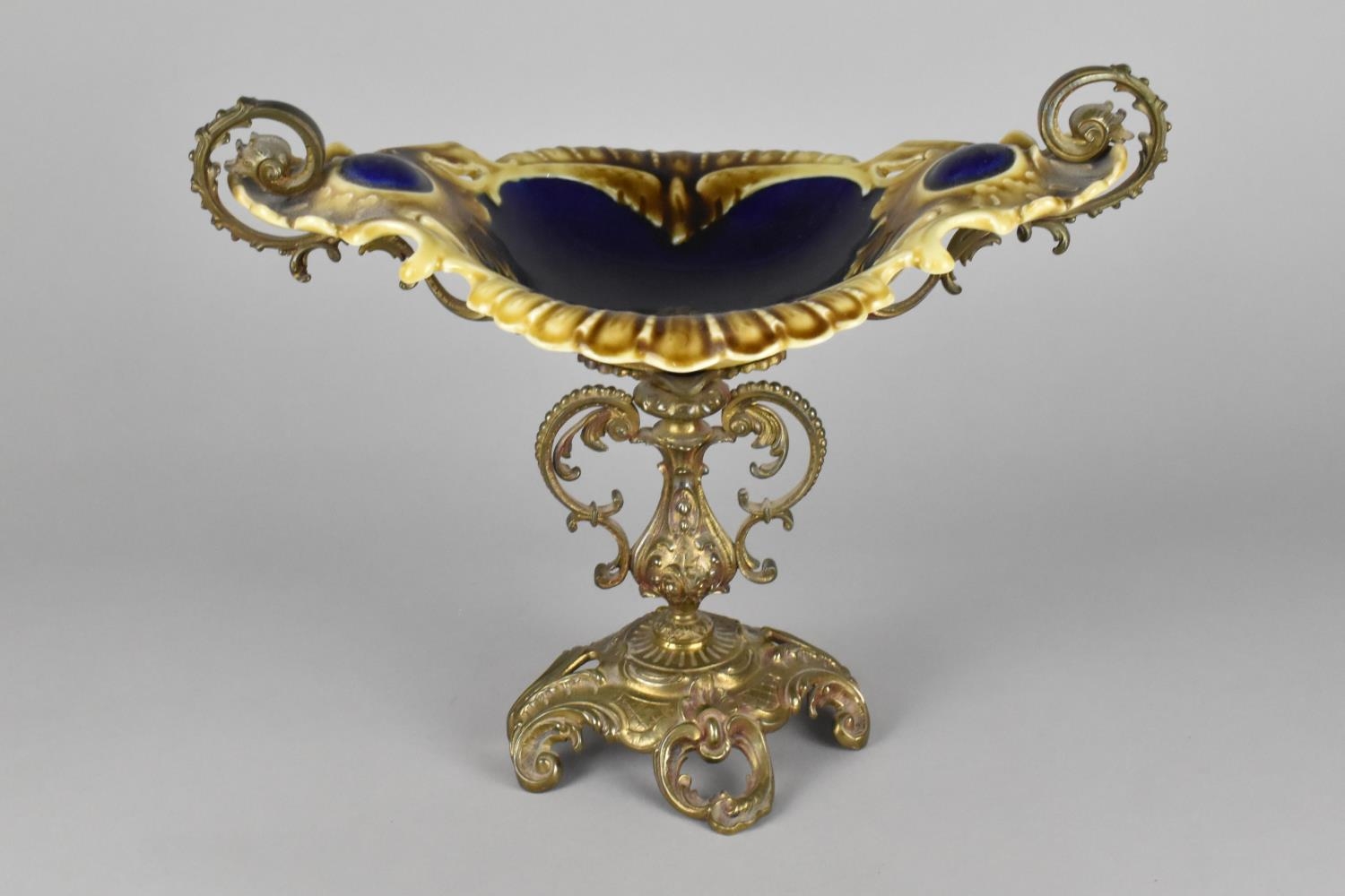A Majolica and Gilt Metal Centrepiece, the Majolica Bowl of Shaped Form Supported on Scrolled Gilt - Image 2 of 2