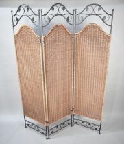 A Modern Iron and Woven Wicker Three Panel Modesty Screen, Each 44cms by 182cms