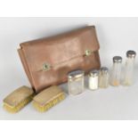 A Goldsmiths and Silversmiths Company Leather Gents Travelling Vanity Case Containing Silver Mounted