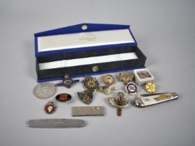 A Collection of Various Curios to include Silver Mounted Coins, Silver and Enamelled Welsh Shield