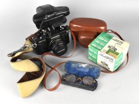 A Vintage Leather Cased Yashica 35mm Camera, A Chinon CN-4s 35mm Camera and a Shakespeare Open
