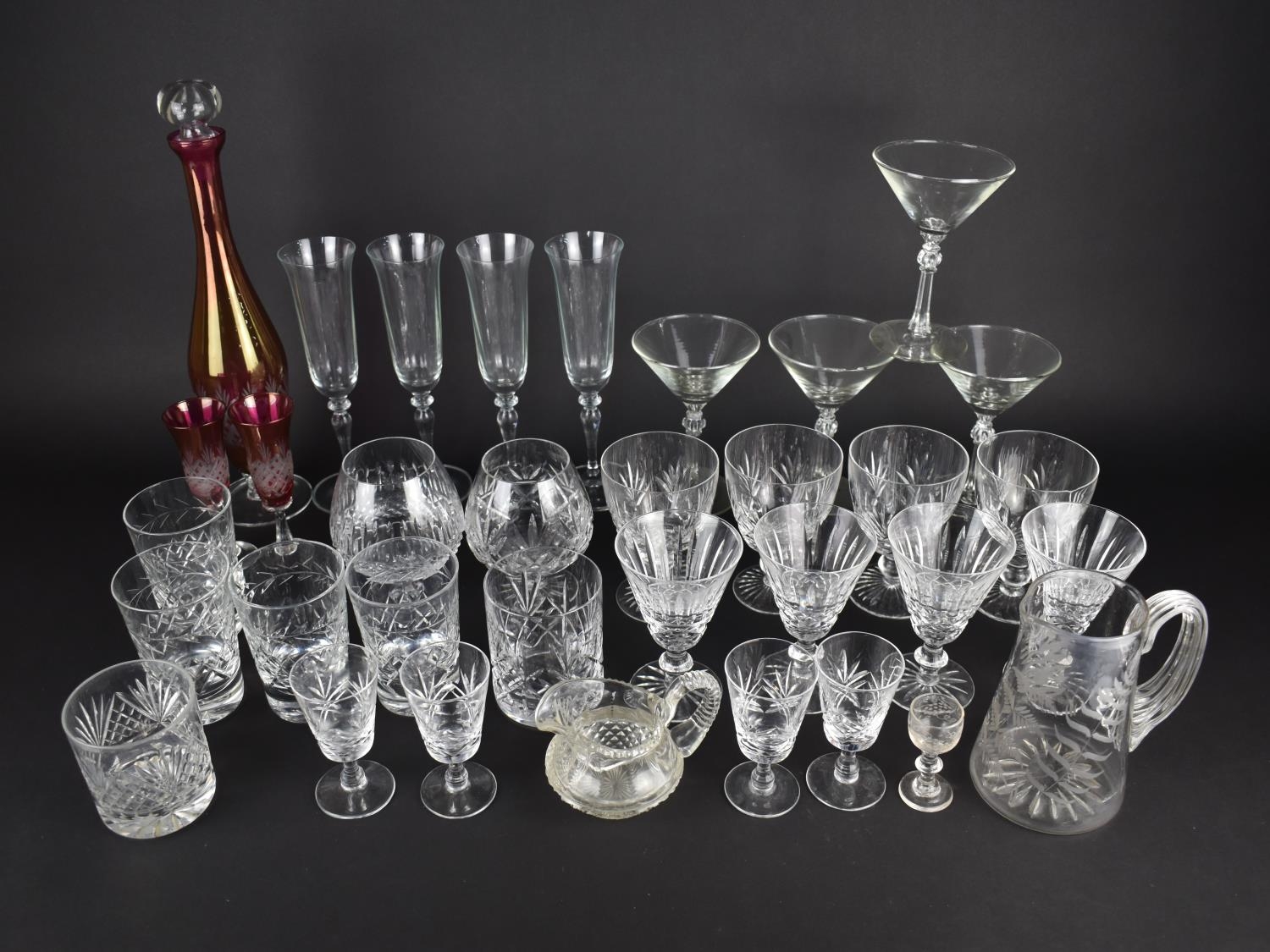 A Collection of Various Glass to Comprise Overlaid Decanter and Two Matching Glasses, Champagne