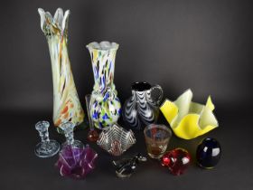 A Collection of Coloured Glass to Comprise Large Mottled Glass Vase, 50cm high, Handkerchief